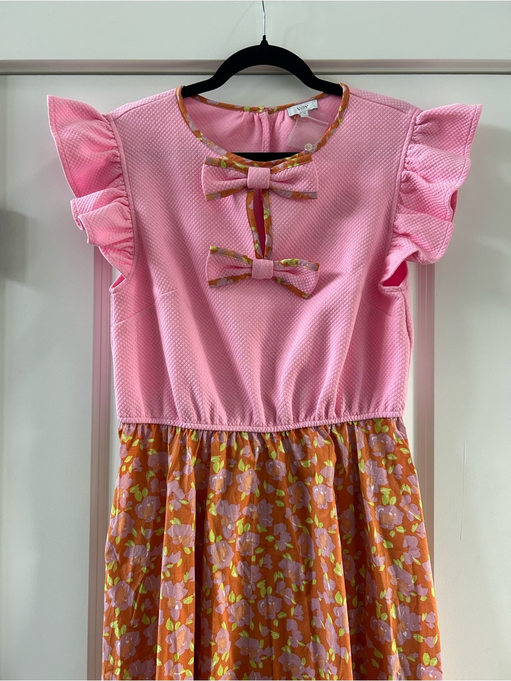 Voy NWOT Pink Multi Floral Mixed Fabric Ribbon Accents Dress Sz M - Picture 6 of 8